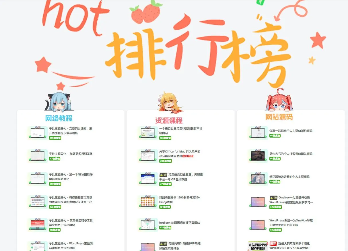 子比主题美化 – 主页三列排名榜样式美化1.0代码版本-青争开放社区